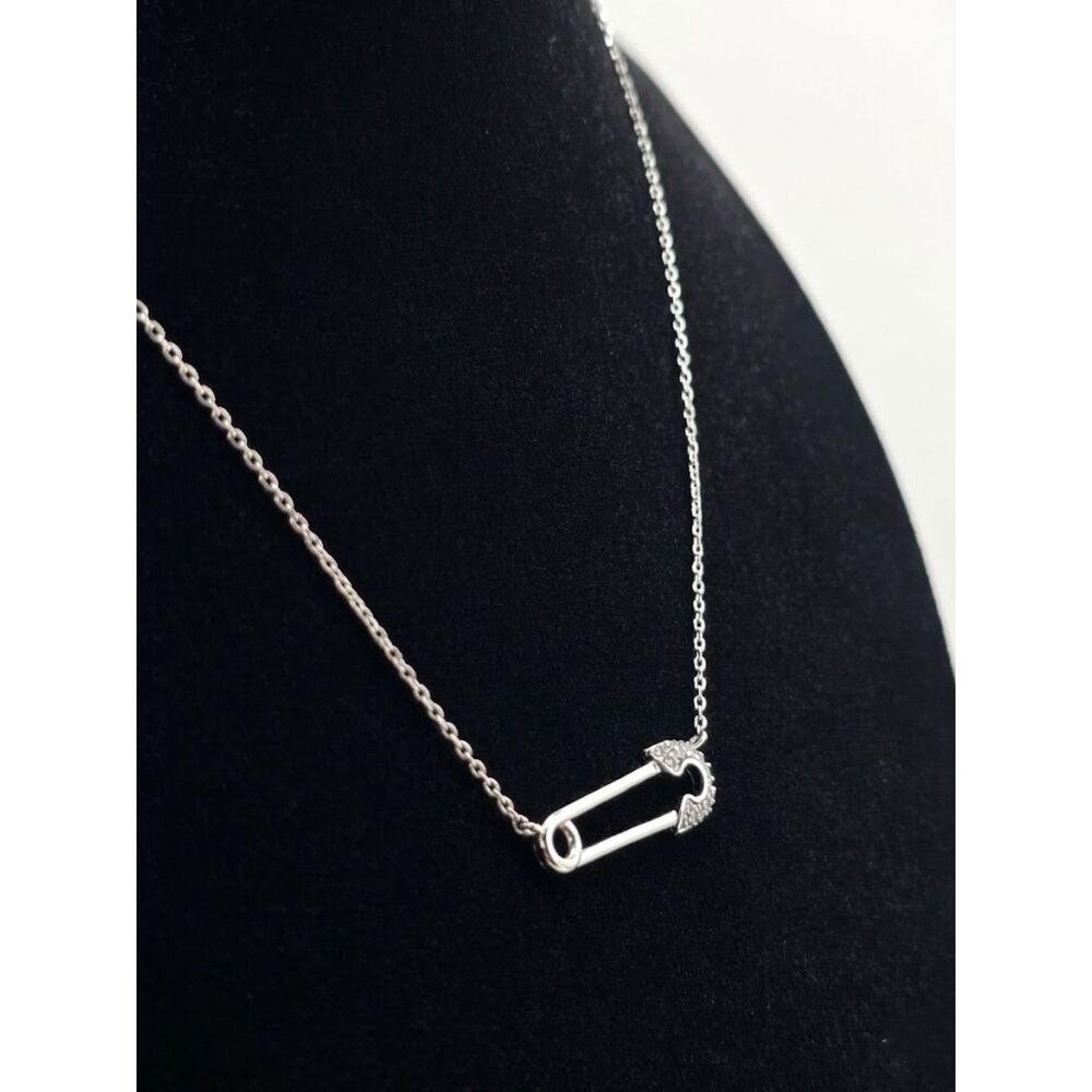 Rhinestone Safety Pin Pendant Necklace Silver Tone 15"+2" Extender Edgy Delicate